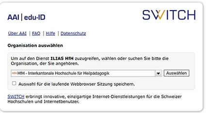 Screenshot des SWITCH AAI / edu-ID-Anmeldefensters, im Dropdown-Menü wurde die HfH als Organisation ausgewählt