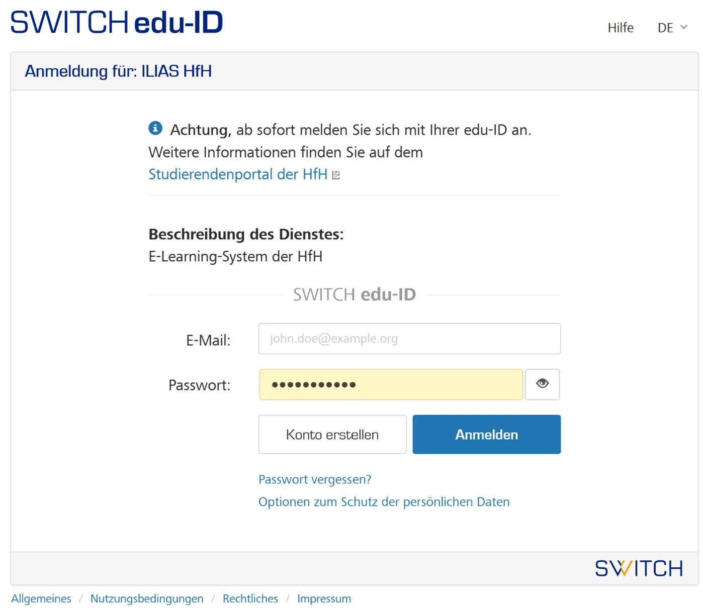 Screenshot des Fensters zur Anmeldung beim ILIAS der HfH über die SWITCH edu-ID