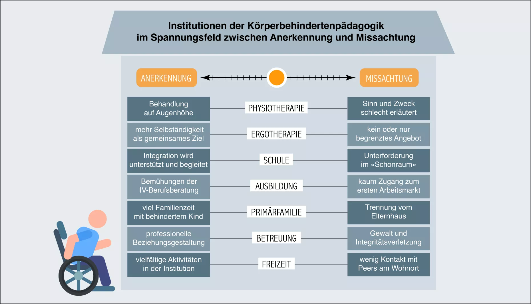 Man sieht die sieben Spannungsfelder der Institutione zwischen Anerkennung und Missachtung. Die Bereiche sind: Physiotherapie, Ergotherapie, Schule, Ausbildung, Primärfamilie, Betreuung und Freizeit.