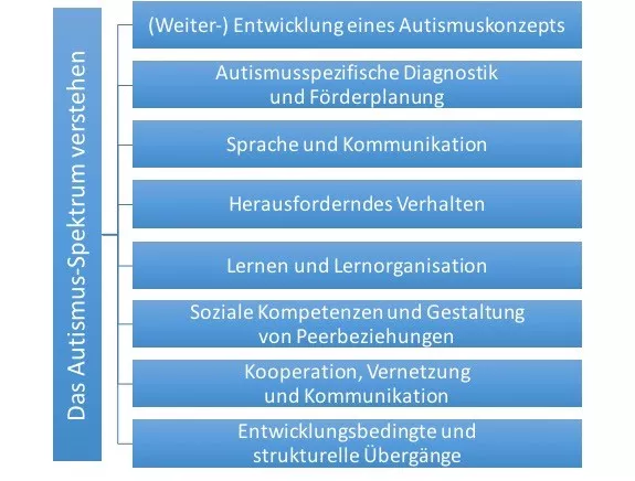 Visualisierung der neun Themenbereiche autismusspezifischer Kompetenzen.