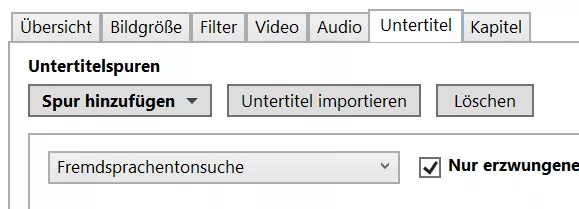 Screenshot der Software Handbrake im Reiter Untertitel. Die Option Spur hinzufügen ist sichtbar.